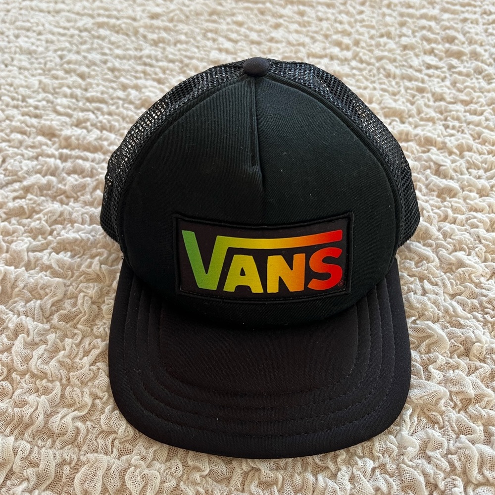 Vans Black Trucker Hat with Multicolor Logo
